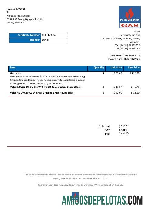 Em branco modelo de conta de serviços públicos de gás do Vietnã Petrovietnam em formatos Word e PDF
